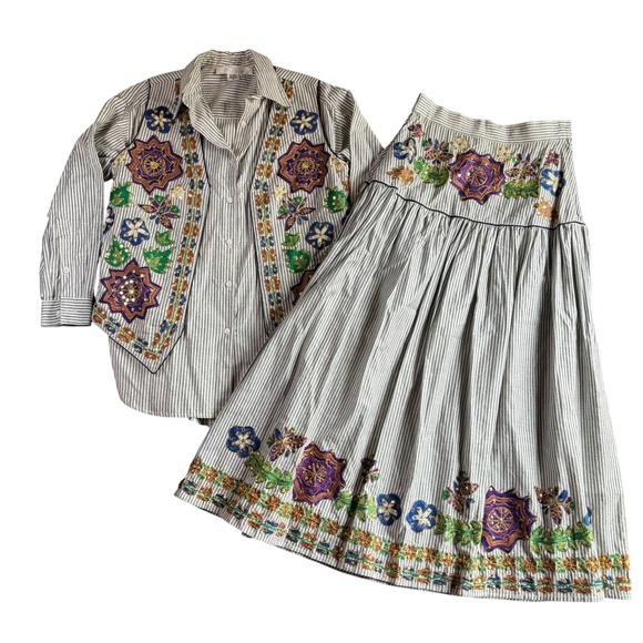 Sandy Starkman Striped Embroidered Floral Cotton Skirt Set - Size S - Picture 1 of 14